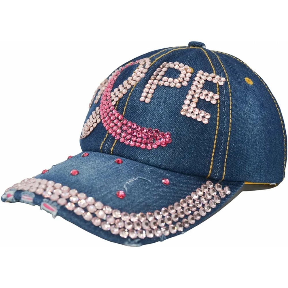 NWT Distressed Denim w/Pink Bling HOPE Breast Cancer Awareness Ribbon Cap Hat - Picture 3 of 6
